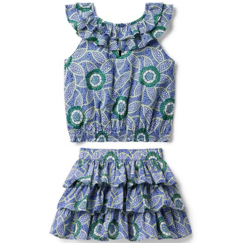 JANIE & JACK EUC 100% Cotton Geometric Print Ruffle Blouse Elastic Skirt Set